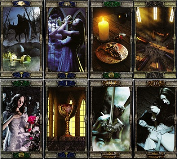 Cartas de tarot sobre uma mesa em ambiente escuro, tema do Tarot dos Vampiros