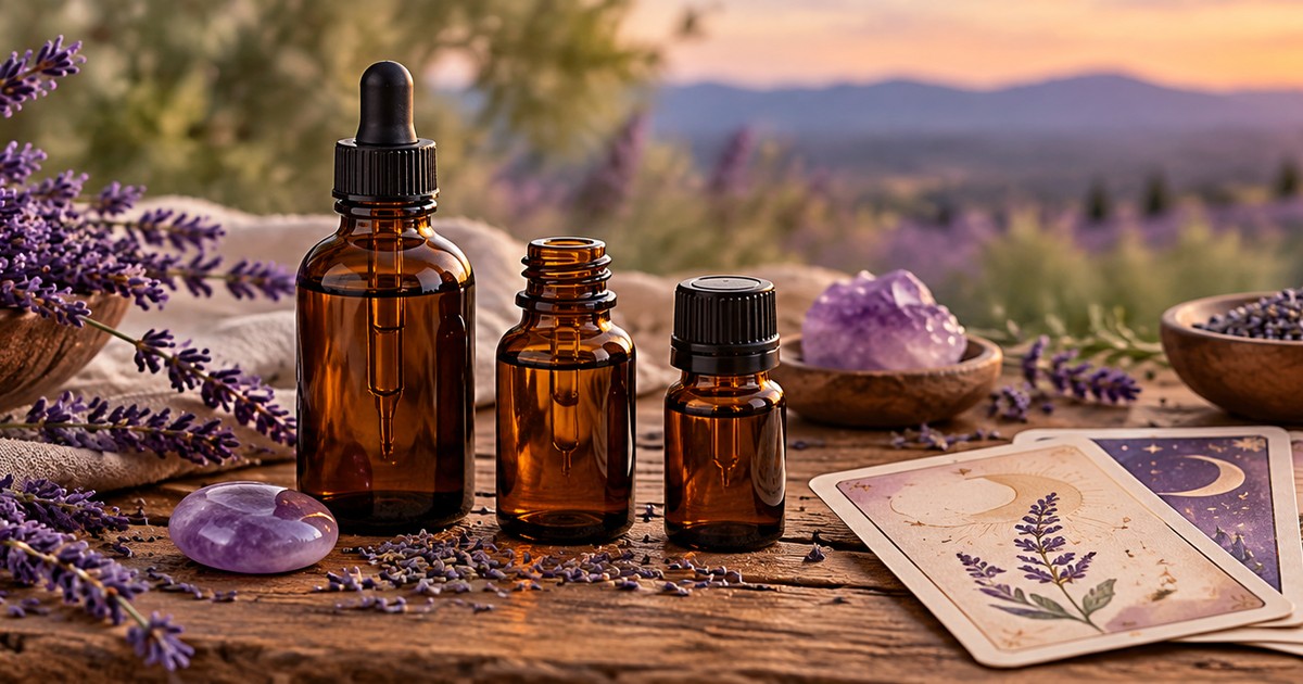 Frascos de &oacute;leos essenciais ao lado de ramos de lavanda e de um difusor de aromas