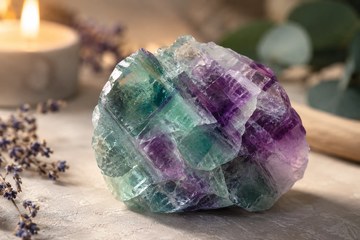 Cristais de fluorita nas cores verde, roxa e azul, em formato octa&eacute;drico, sobre um fundo claro