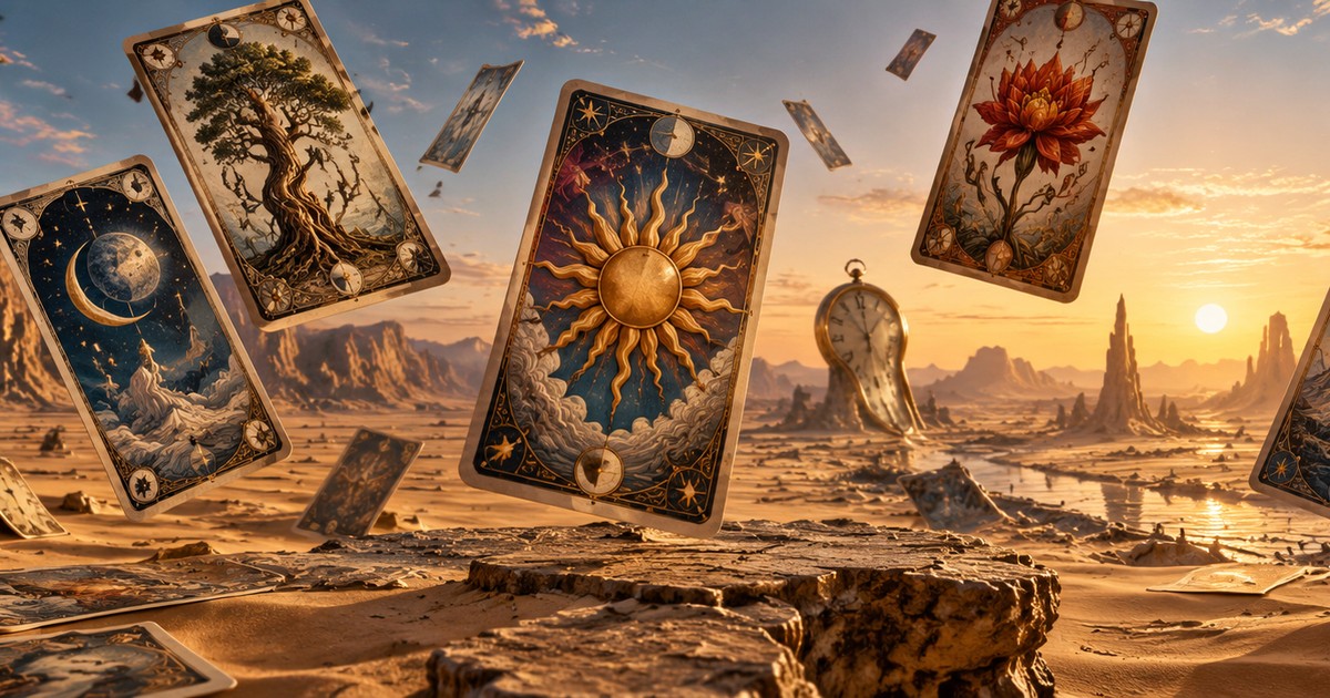 Cartas do Tarot Universal Dal&iacute; com imagens surrealistas e bordas douradas sobre uma mesa