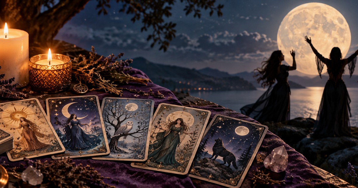Cartas de or&aacute;culo ilustradas sobre uma mesa com ervas, tema do Tarot das Feiticeiras