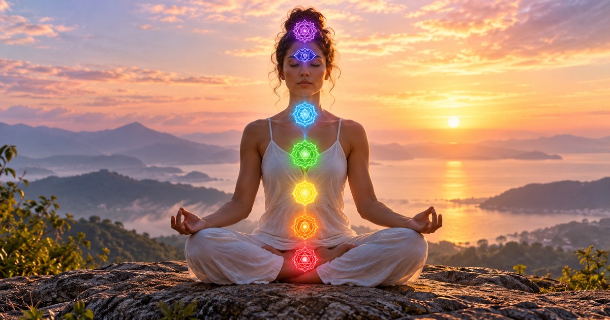 Pessoa meditando em sil&ecirc;ncio, com s&iacute;mbolos dos chakras ao fundo