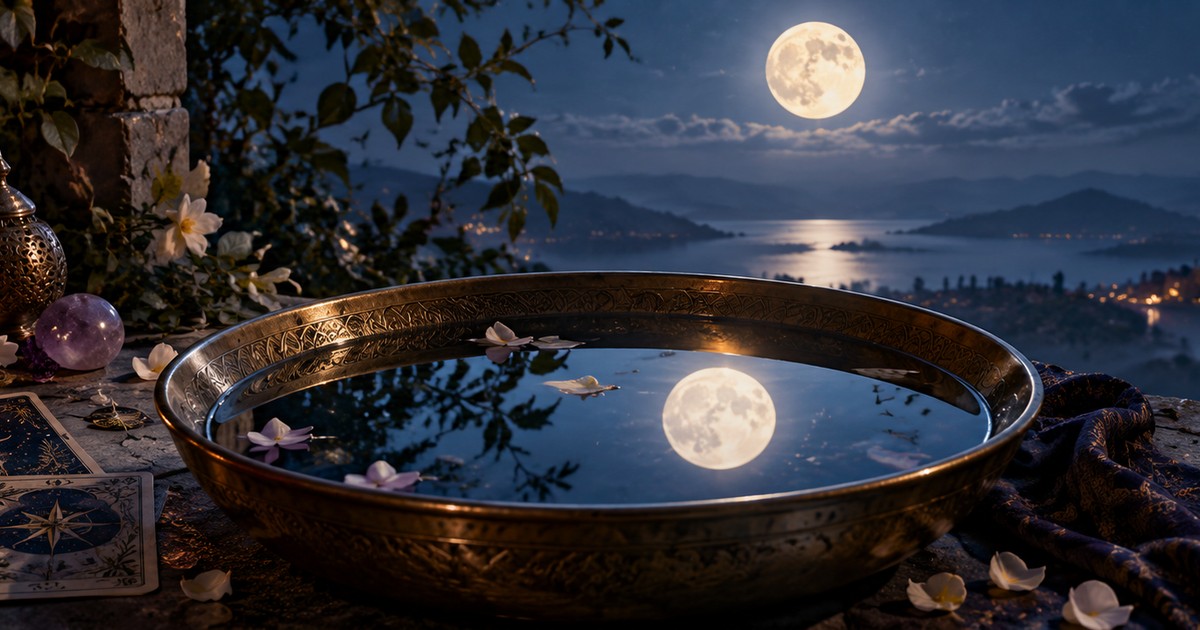 Bacia de &aacute;gua calma sobre uma mesa, refletindo a luz de uma vela e uma pequena planta