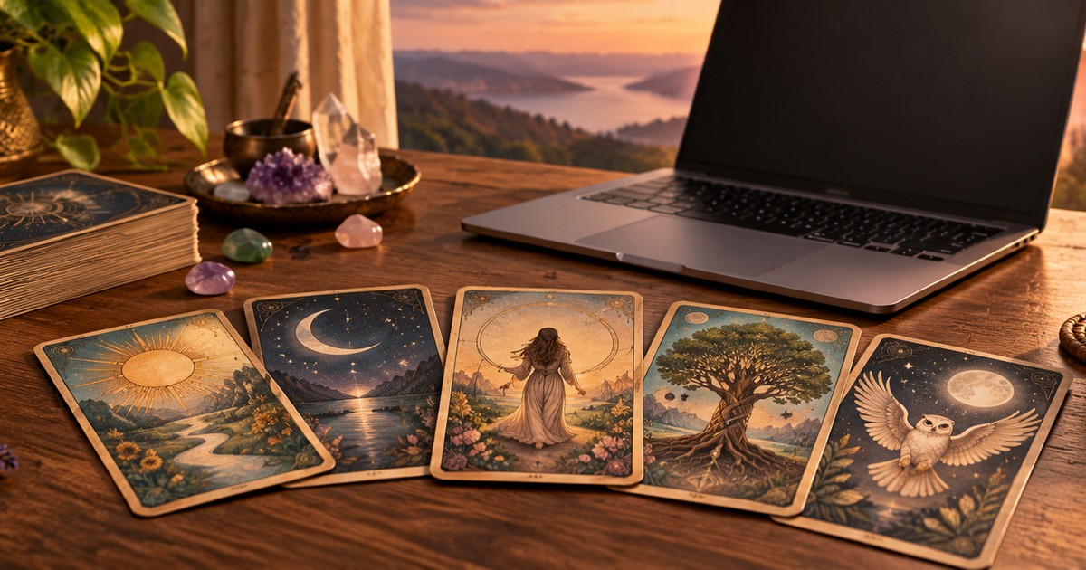 Pessoa tirando uma carta de tarot em casa, com um caderno de anota&ccedil;&otilde;es e uma x&iacute;cara ao lado