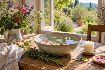 Ervas, velas e flores dispostas sobre uma mesa de madeira em um ritual simples