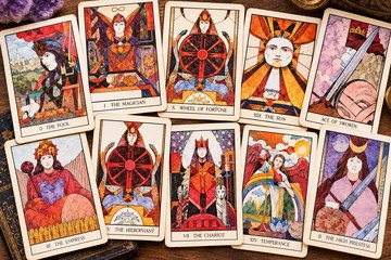 Cartas do Aquarian Tarot com ilustra&ccedil;&otilde;es em estilo Art Nouveau, espalhadas sobre uma mesa